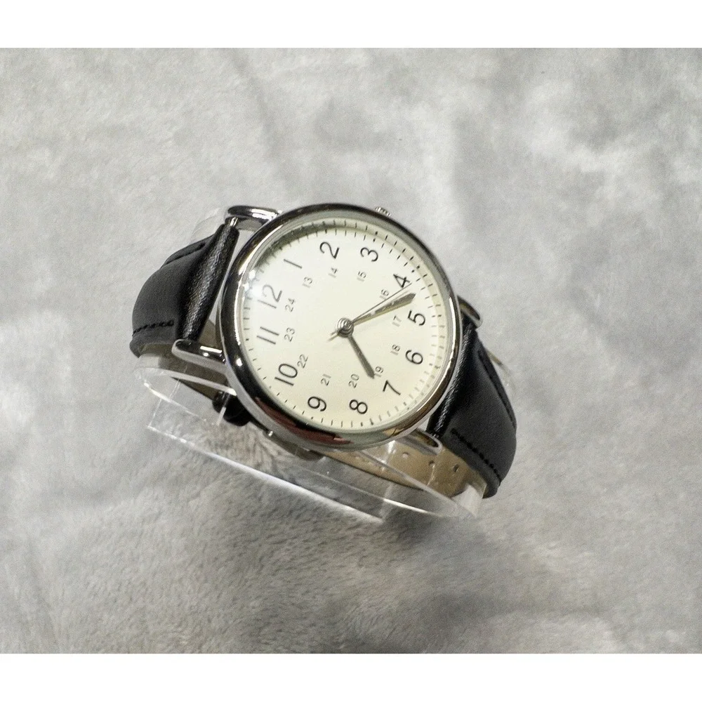 Mens Minimalist 30mm Watch Black Leather Strap 24 Hour Dial Silver Case
